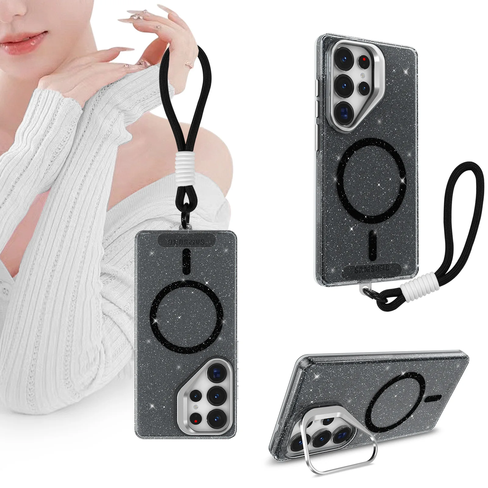 case for Samsung S26 S25 S24 S23 S22 ultra magnetic glitter protective case Lens mount With Holder Kickstand full coverage shell