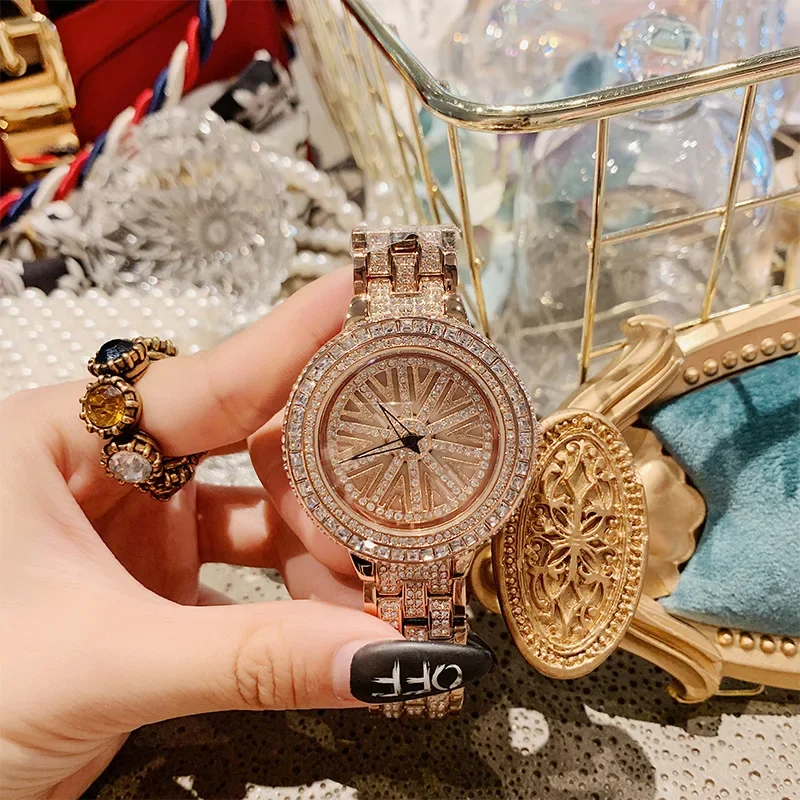 Korean Women's Watch Full Diamond Rotating Dial Quartz Watch Ladies Fashion Trend Waterproof Simple Light Luxury Clock Gifts