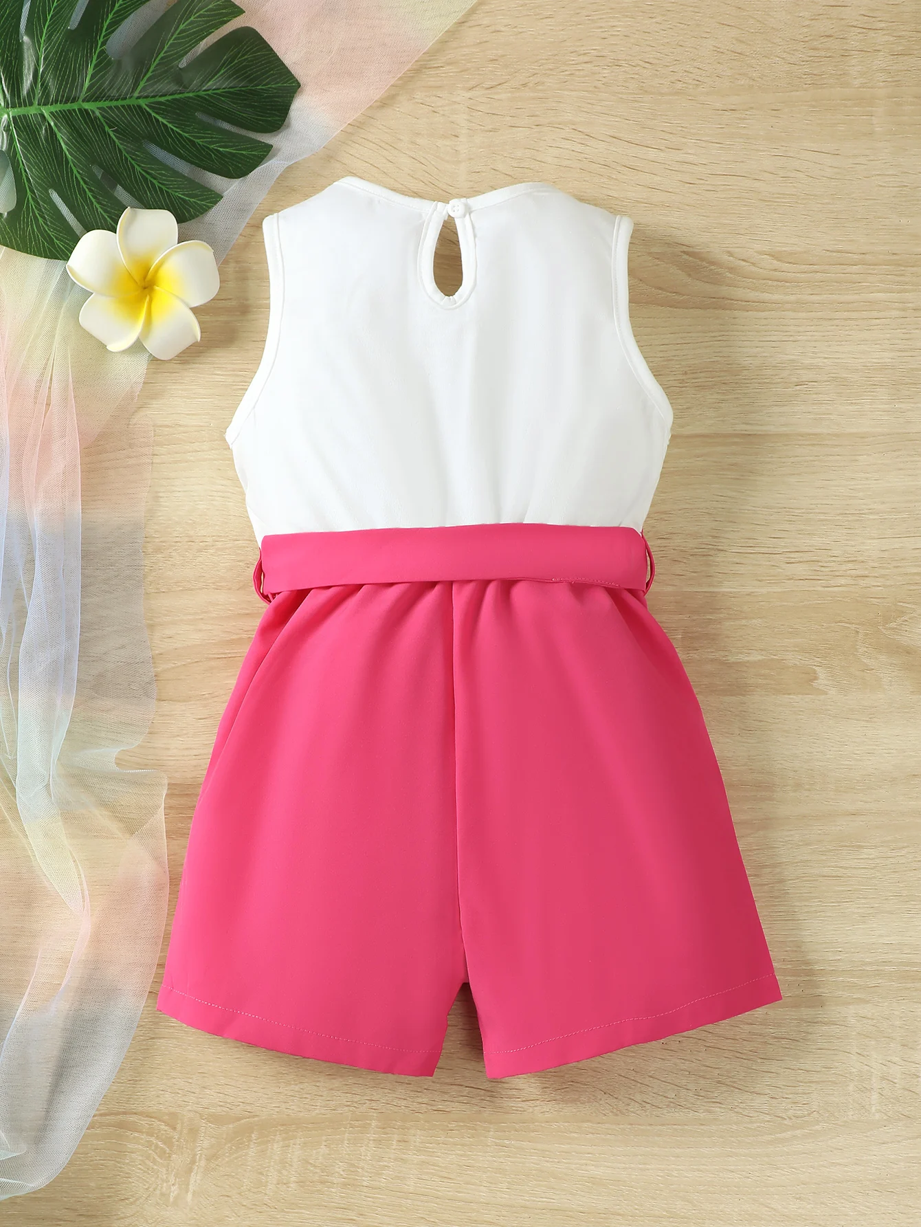 New 2024 Summer Child Girl Jumpsuit sleeveless Cartoon Pattern  Fashion Bodysuits with Belt Daily Wear for Kids Girl 4-7 Years