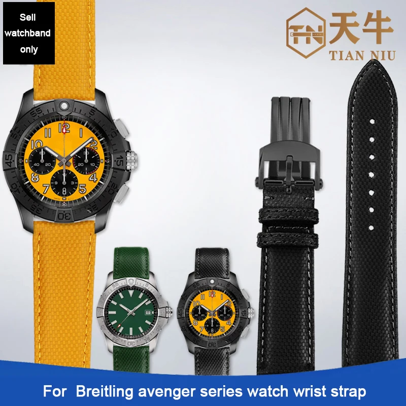 For Breitling revenger series Cow-hide Watchband yellow black green breathable genuine Lea-ther Strap 22MM bracelet Accessories