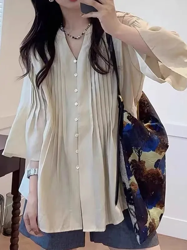 

Elegant Pleated 7/8 Sleeve Shirt Women Summer 2026 New Loose plus Size Conceal Meat Slimming Personality Top Korean Style