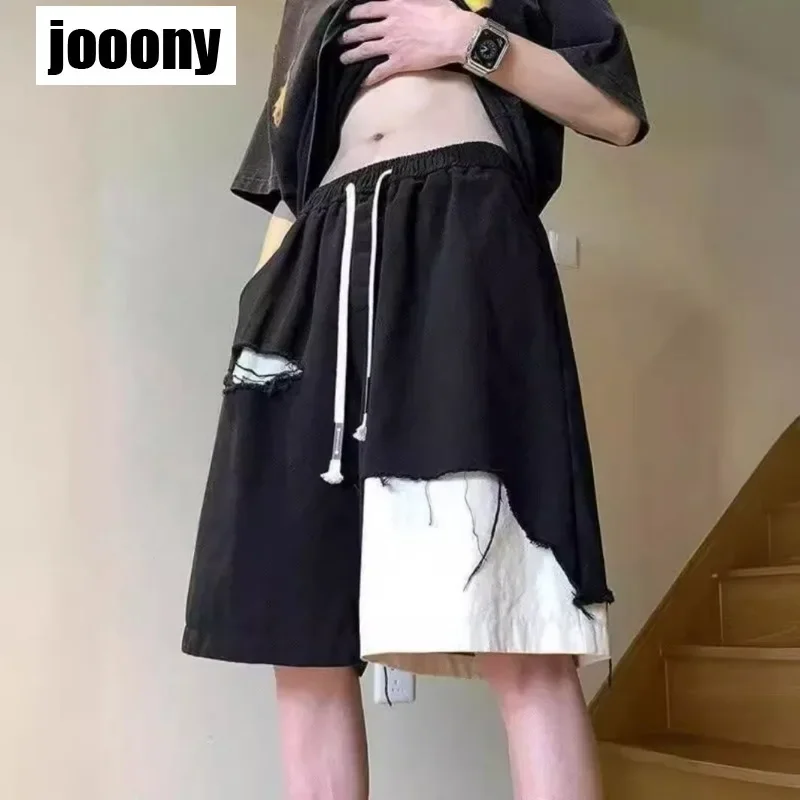 

Summer Leisure Personality Irregular Hole Contrast Color Knee Length Loose All-match Streetwear Trendy Vintage Cargo Shorts Men