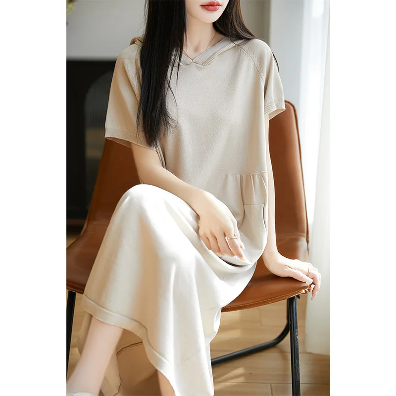

2025 Summer New Hooded Ice Silk Knitted Short-Sleeved Dress Women's Loose Thin Long Skirt Fashion High Waist Pocket Joker Skirt