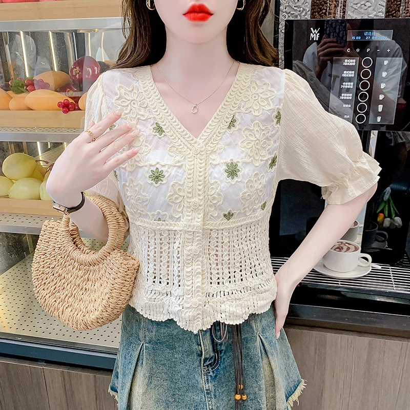 Camisa de Chiffon Crochet feminino, Patchwork malha, manga curta, Top cortado