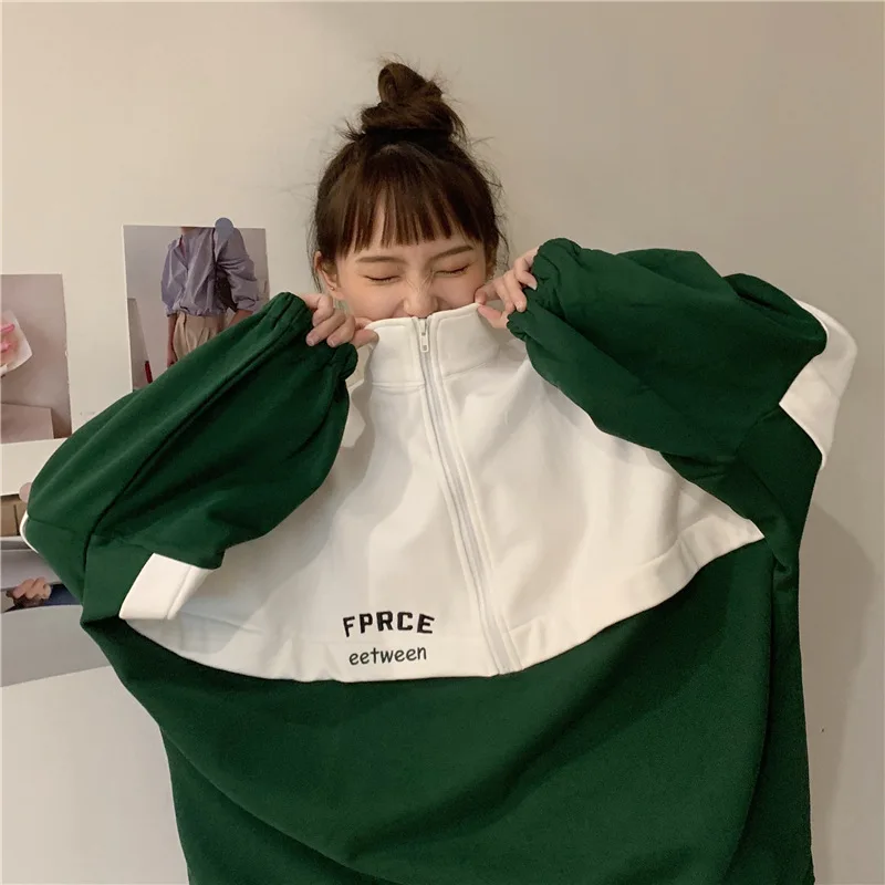 Women Stand-up Collar Sweater Spring Autumn New Korean Version Loose Zipper Embroidery Student Thin Sweatshirt Top