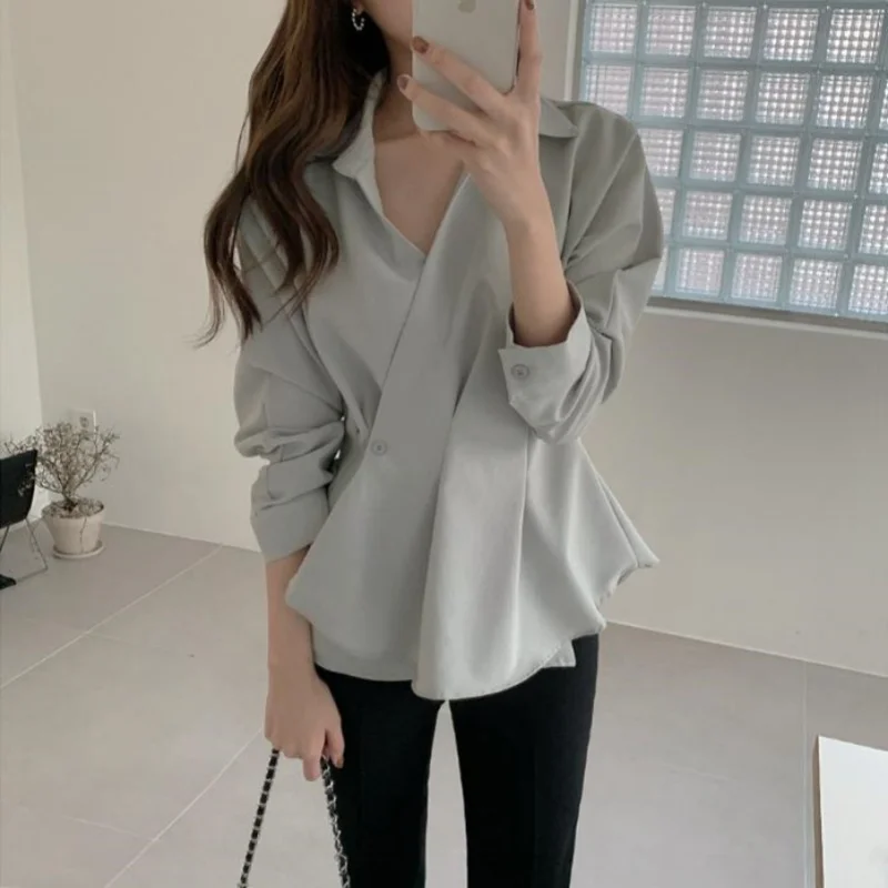 Korean version Spring & Autumn New models Intelligent Elegant Temperament Chic Buckle Lapel Waist Slim Ruffle Long Sleeve Shirt