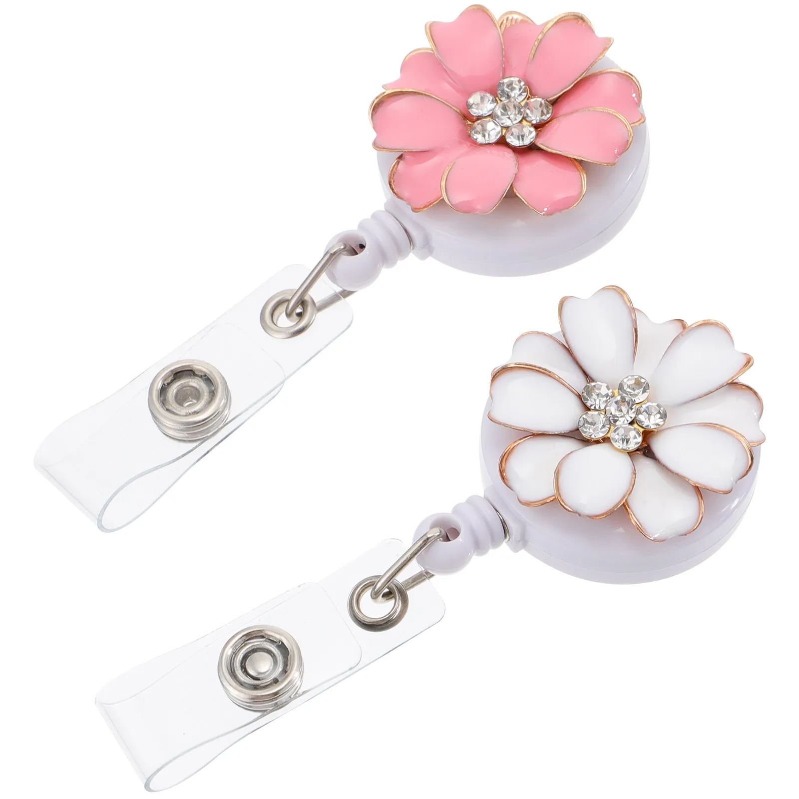 2Pcs Chest Card Badge Lanyards Flower Rhinestone Retractable Badge Holders for Name Cards Work Badges Accessories Students
