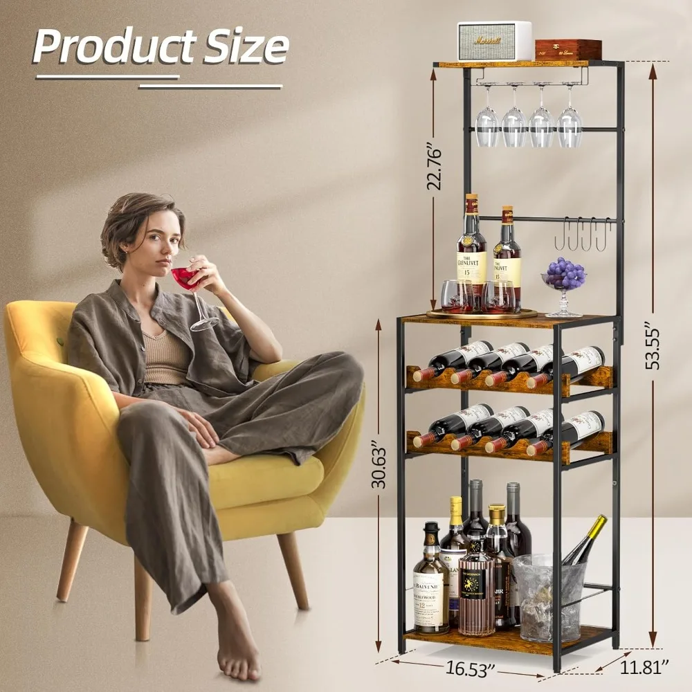 Liquor Bar Stand with Glasses Holder and 4 S Hooks, Corner Mini Bar Cabinet for Small Space, 8 Bottles Wine Bar Cabinet for Home