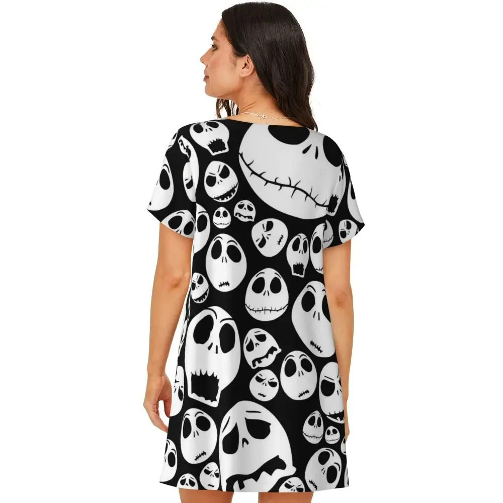 

Summer women's plus size dress fashionable imitation cotton pajamas short sleeved round neck skull dress summer dress