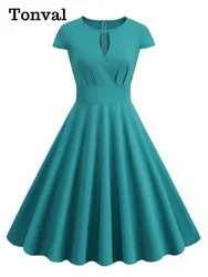 Tonval O-Neck Hollow Out Front High Waist Solid Vintage Dress Summer Women 2023 Cap Sleeve A-Line Midi Swing Dresses
