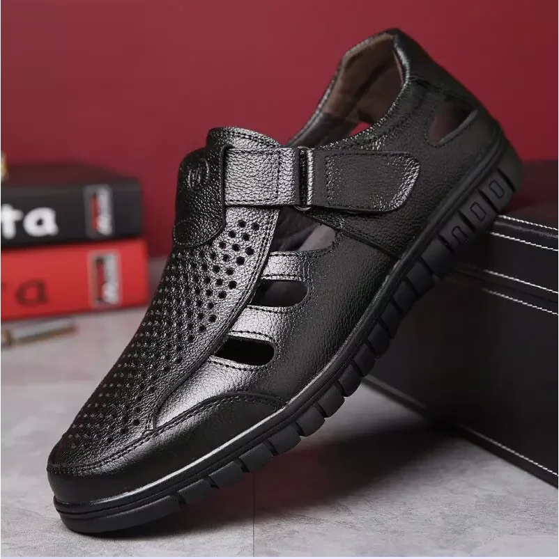 Brand New Fashion Genuine Leather Hollow Out Men Sandals Summer Casual Shoes Breathable Outdoor Slip on Man Sandals Beach Shoes