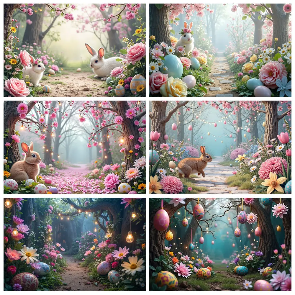 

2025 Fairy Easter Day Enchanted Forest Photography Background Bunny Hanging Eggs Flowers Backdrop Baby Studio Photozone