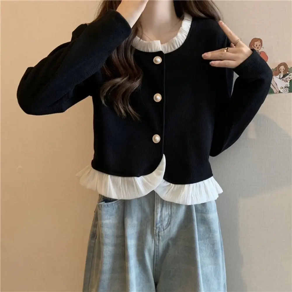 Maglioni femminili in pizzo solido manica lunga maglieria dolce allentata stile preppy top da donna cardigan donna Y2K streetwear