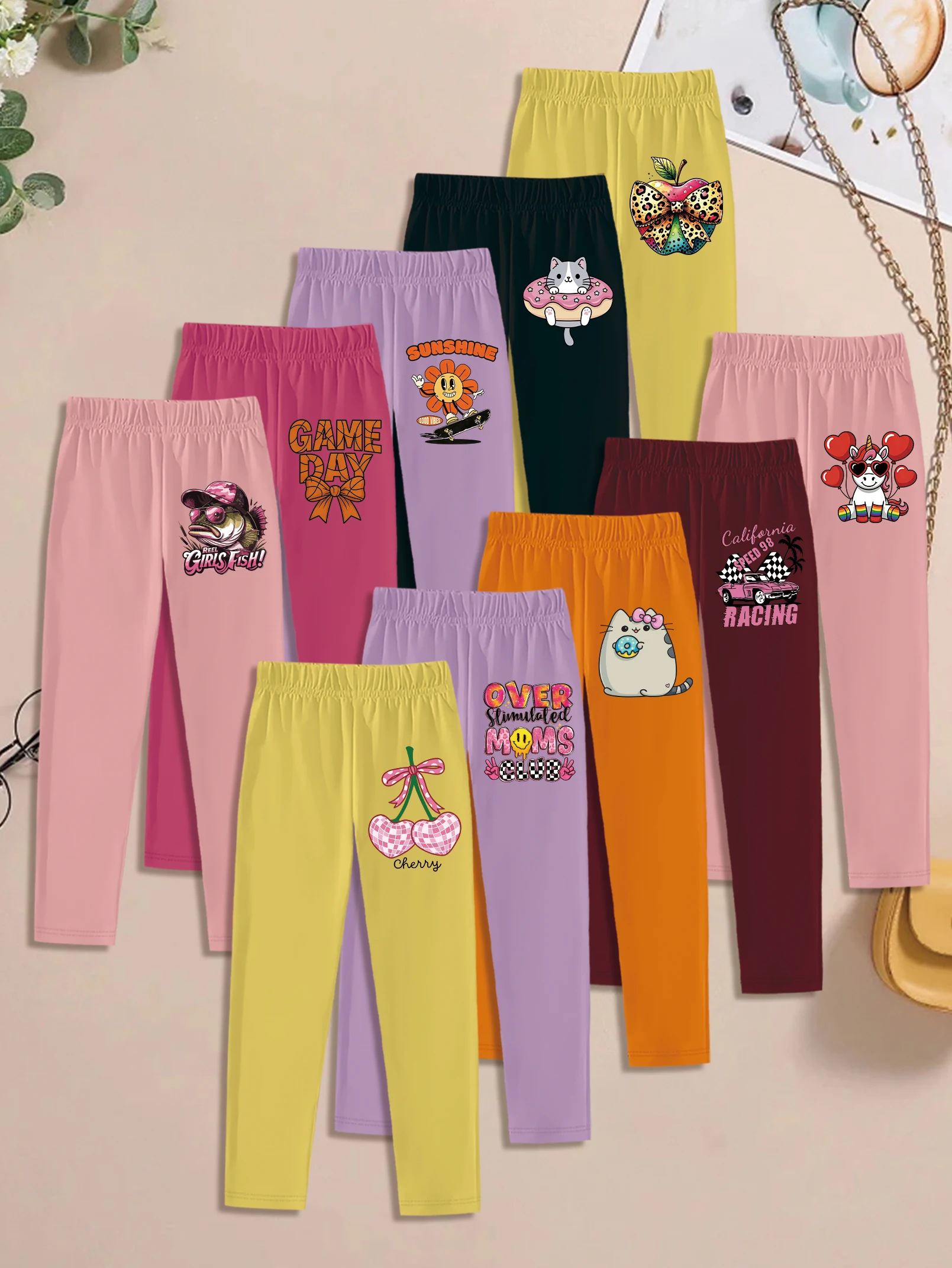 

10 шт.: Осенние милые леггинсы для девочек — мультяшный кот, яблоко и цветочный принт.