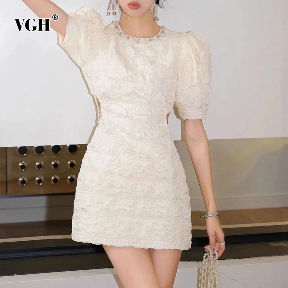 

VGH French Style Elegant Solid Dresses For Women Round Neck Short Sleeve High Waist Spliced Diamonds Solid Sweet Dress Female
