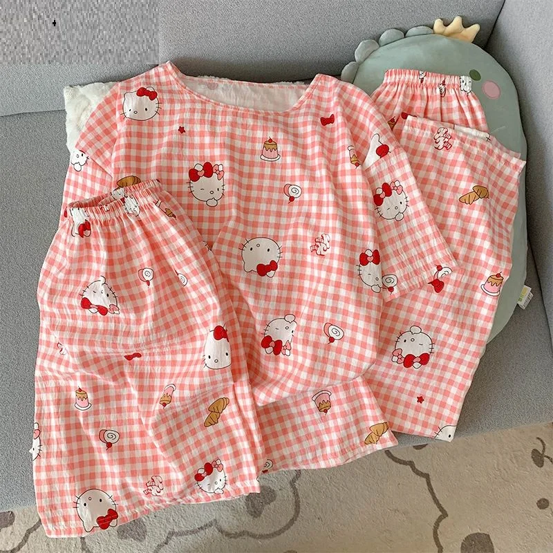 

Sanrio Hello Kitty Pajamas 3 Piece Set Summer Night Clothes Pant Shorts Short Sleeve Sleepwear Student Pyjamas Women Home Suit