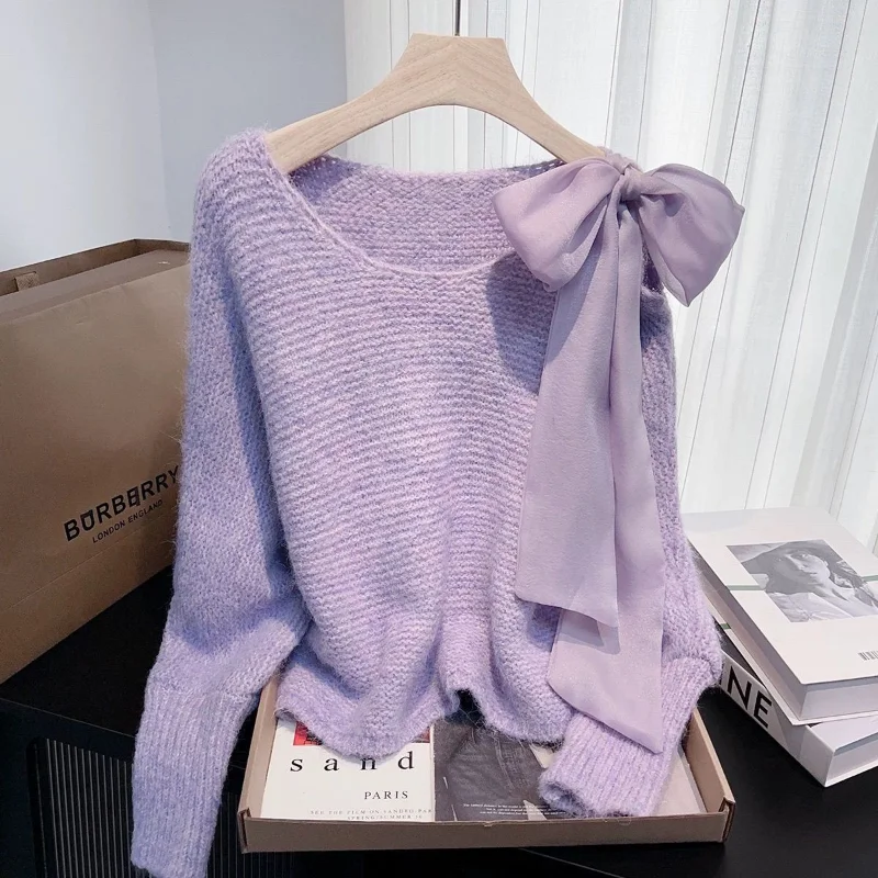 

Осень-зима, новый вязаный свитер на шнуровке с бантом, женский свободный трикотаж в корейском стиле, пуловеры, повседневные свитера с круглым вырезом и длинными рукавами