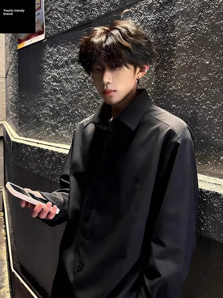 

Naples Black Long Sleeve Men's Shirt Premium Feeling Handsome Suit Inner Wear Korean Style British Elegant Shirt Youth Trend