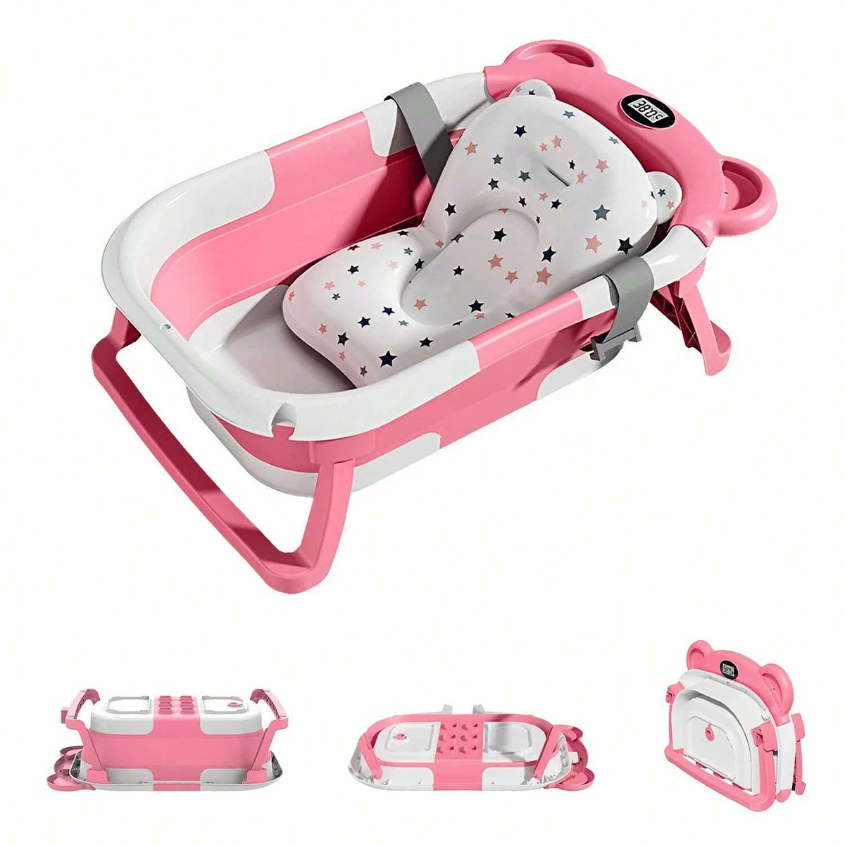 Folding Baby Bathtub with Integrated Thermometer, Non-slip Cushion, Portable Travel Shower, Bath Pool,Baby Bath Accessories