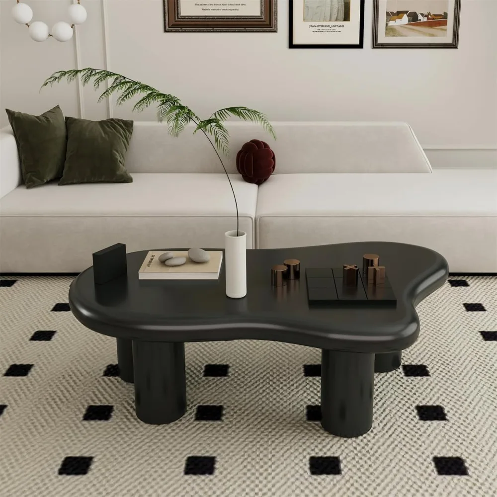 Wooden Cloud Coffee Table Modern Cute Irregular Tea Table Center Table with 4 Cylindrical Legs Thickened Tabletop Round Corners