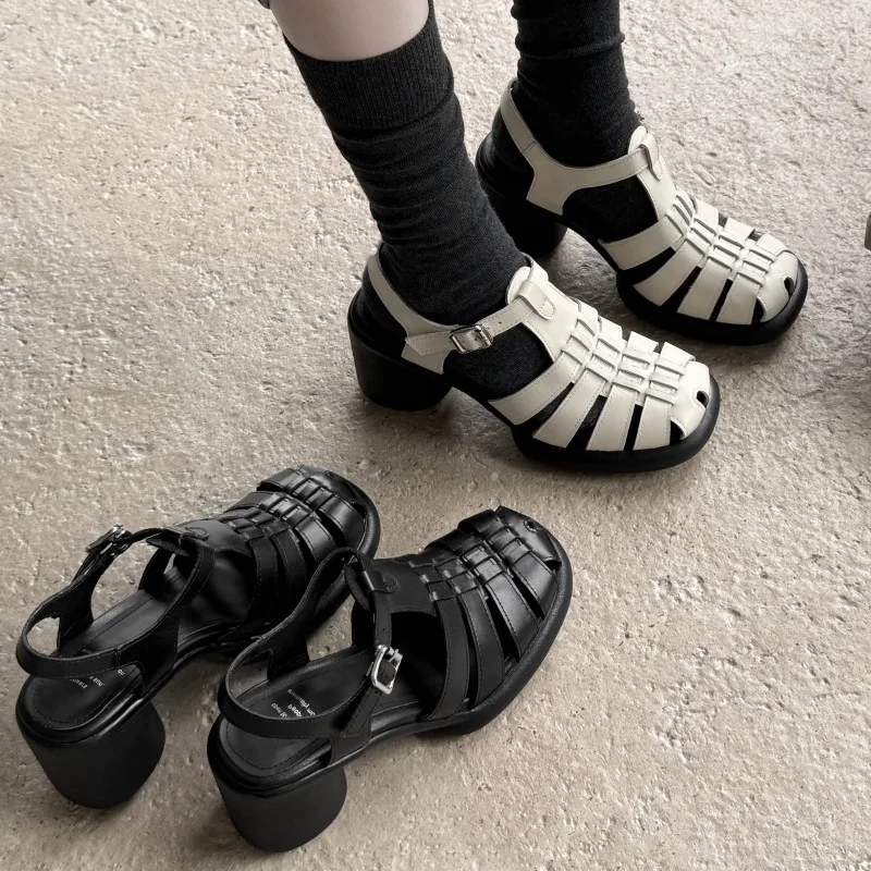 

Сандалии-гладиаторы, женские сандалии из коровьей кожи, римская однотонная летняя повседневная удобная женская обувь с пряжкой и ремешком на толстой подошве