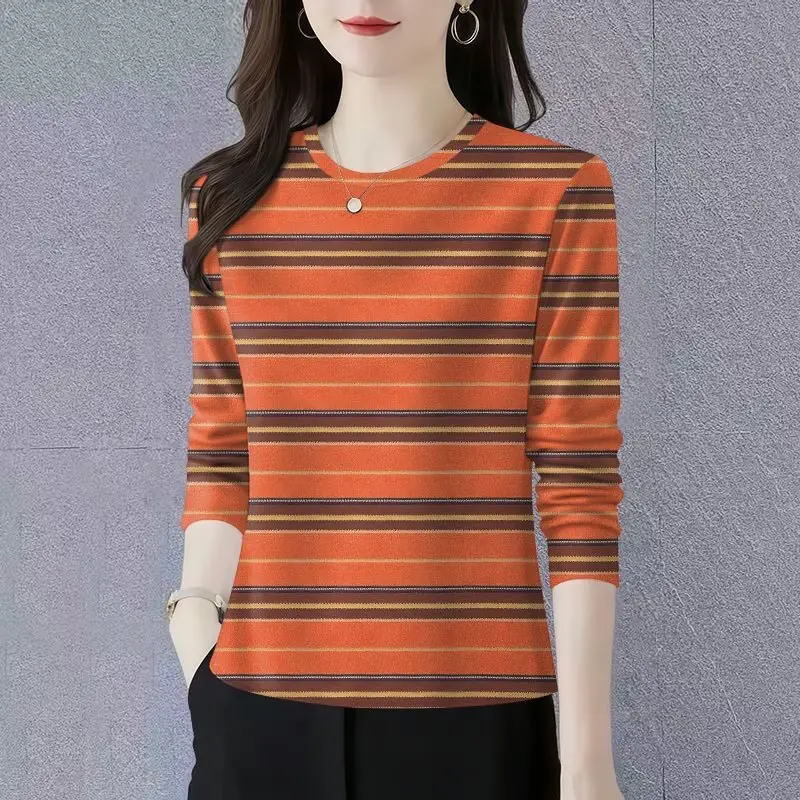 

Elegant Stripe Long Sleeve round Neck Top Anti-Aging Base Shirt for Middle-Aged Women Versatile Casual Polyester Fiber T-Shirt