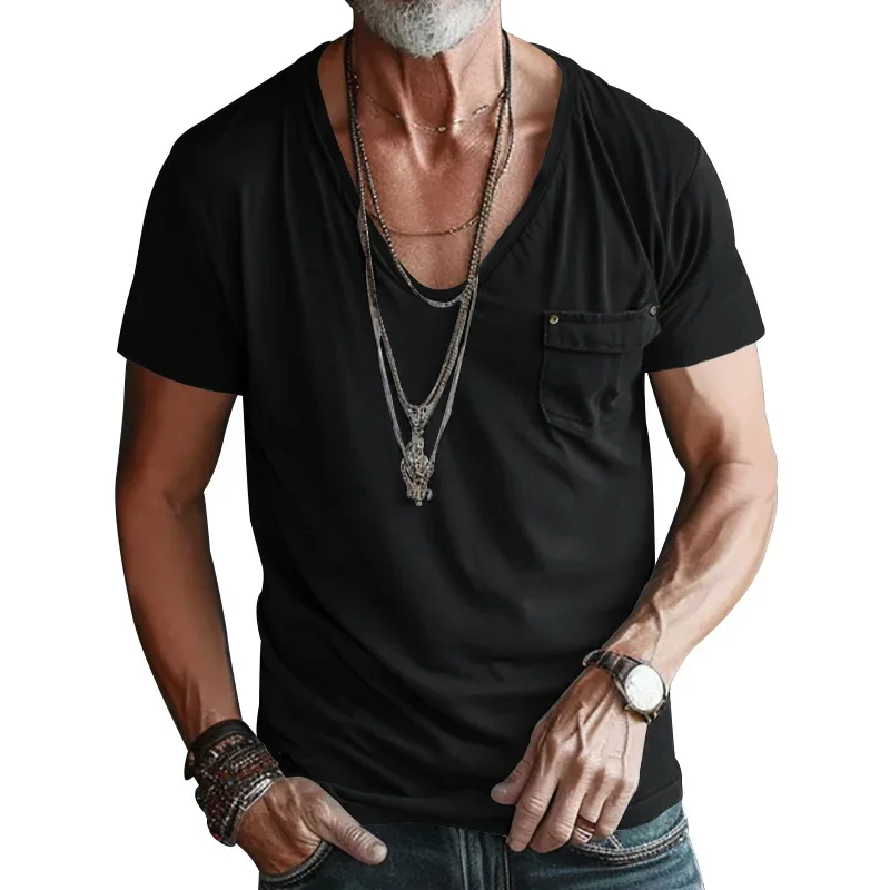 2026 New Pocket T-shirt European and American Men's V-neck Solid Color Casual Short Sleeved T-shirt