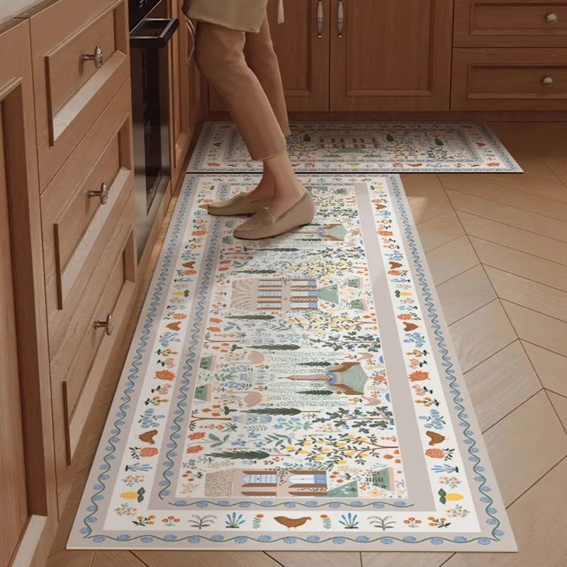 

French Kitchen Floor Mat Leather Waterproof Oil-proof Foot Mats PVC Home Corridor Entrance Doormat Non-slip Dirt-resistant Rug