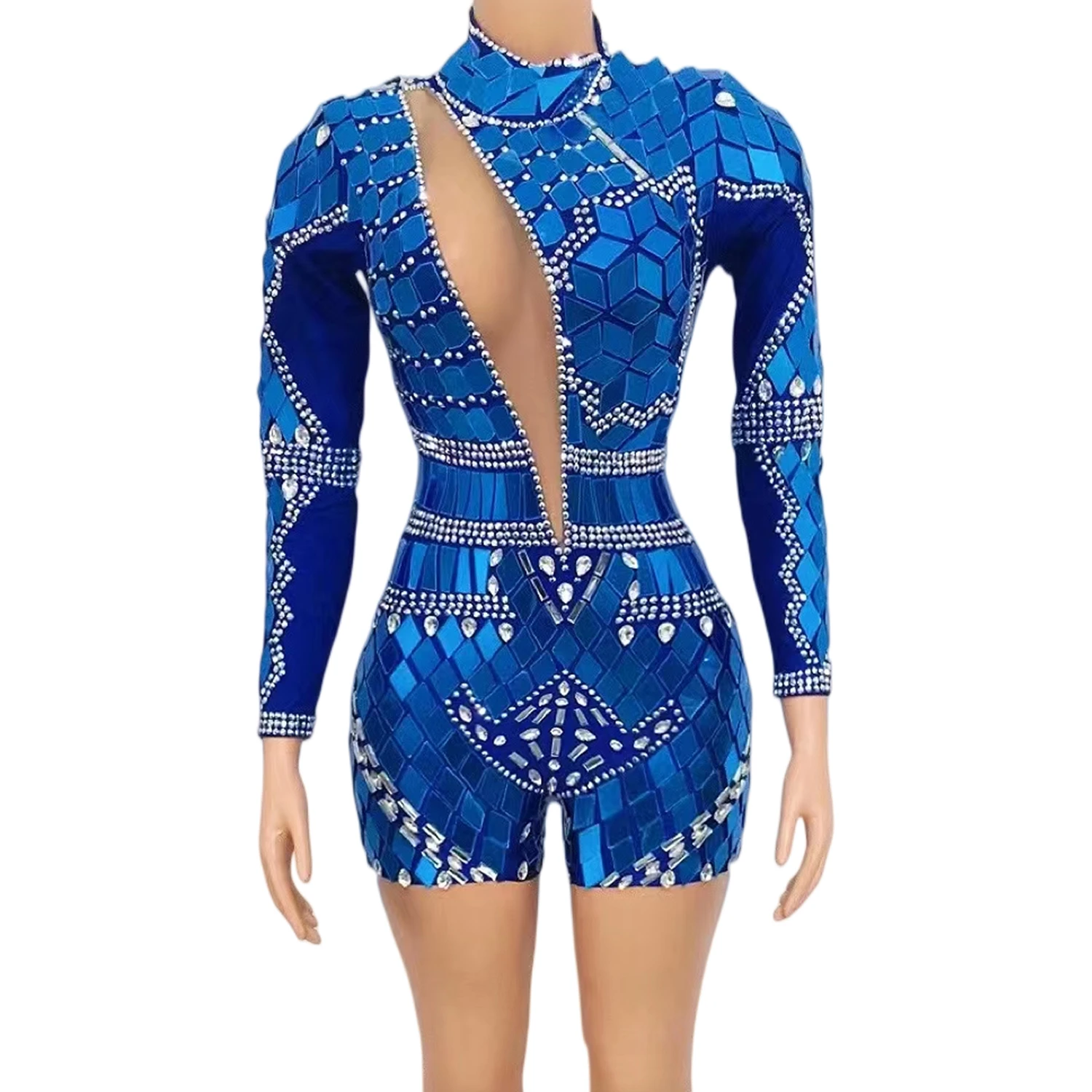

Hot Girls In Dress Blue Diamond Sequin High Collar Short Couture Romper Birthday Party Dance Singer Costume Vestidos Casuais
