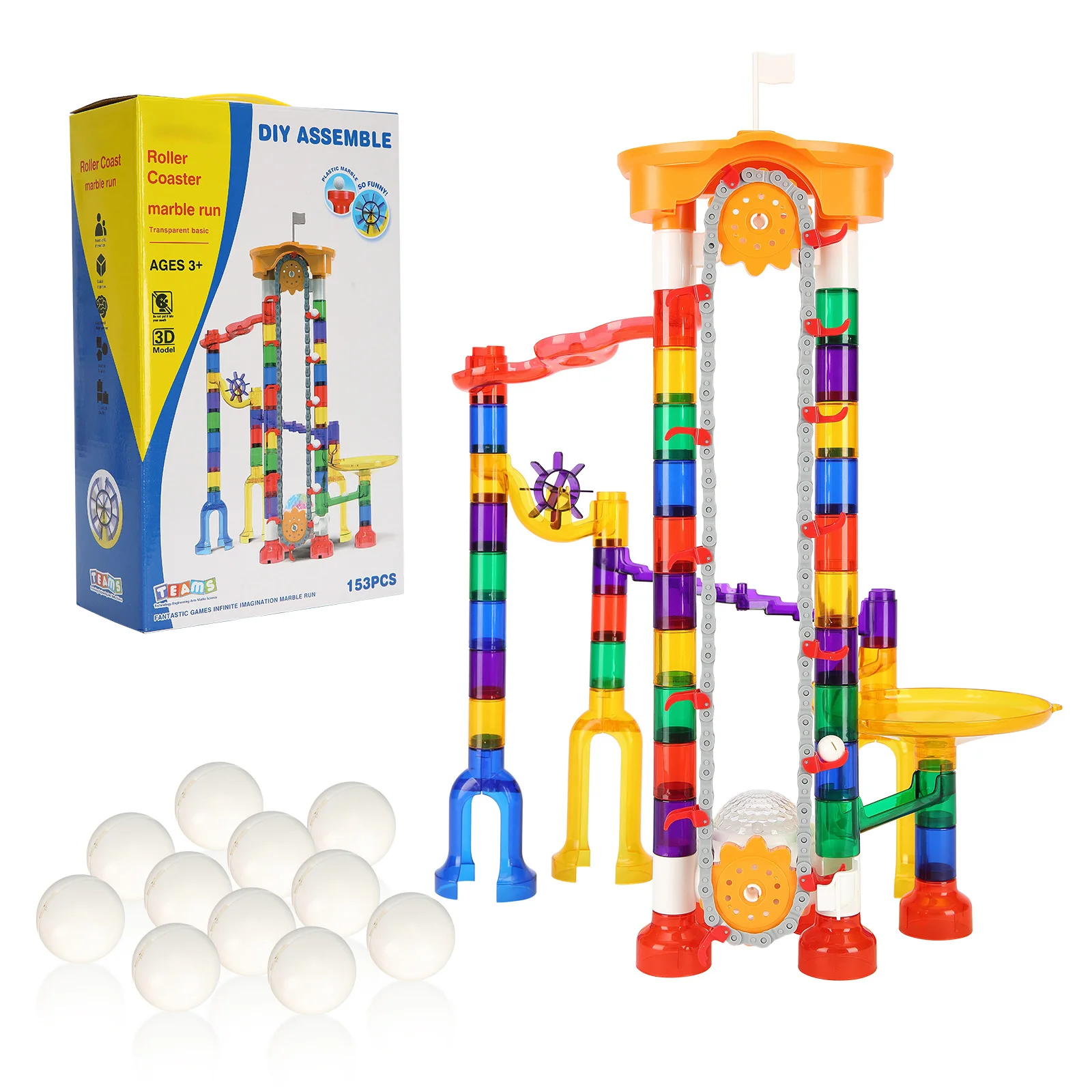 SucceBuy Marble Run Set 153 PCS with Motorized Elevator with 30 Plastic Marbles Marble Maze Building Block Brain Game Race Track