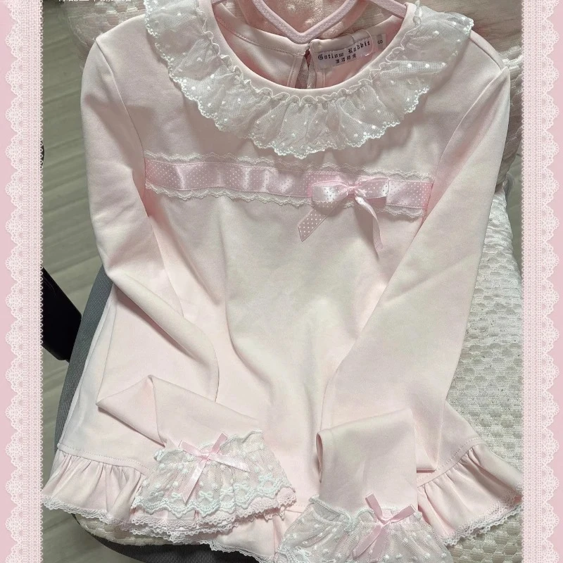 Japanische Kawaii Lolita Blusen für Damen, süße Schleifen-Spitzenrüschen, O-Ausschnitt, Langarm-T-Shirts, Mädchen, lässige Y2K-Prinzessinnen-Shirts, Oberteile