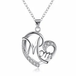 Charms MOM heart Mother's Day crystal 925 sterling silver necklace for women jewelry lady stone fashion cute pendant Accessories