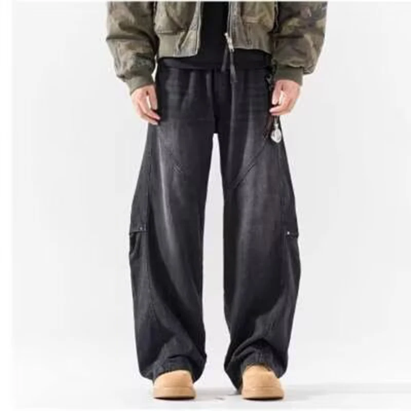 

Мужские ретро дымчато-серые джинсы с эластичной резинкой на талии, трендовые свободные прямые брюки в американском стиле, большие размеры, мужские джинсовые брюки, широкие брюки