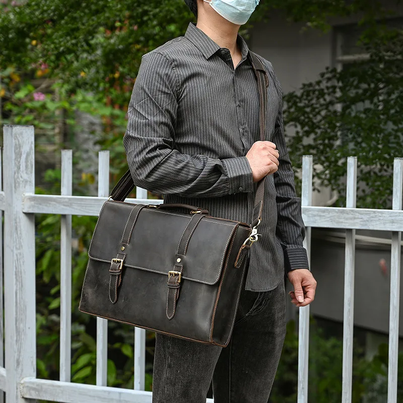 Crazy Horse ของแท้หนังผู้ชายกระเป๋าเอกสาร Fit 16 "แล็ปท็อปกระเป๋าถือ Tote Vintage Cowhide ชายกระเป๋าสะพายใหญ่