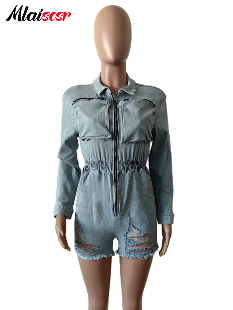 Mlaiscsr Denim Jumpsuit Shorts for Women Pockets Long Sleeve Ripped Zipper One Pieces Slim Playsuits Blue Jean Romper Outfits