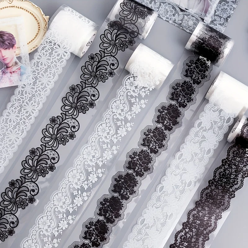 8 rolls - Exquisite black and white lace shaped die-cutting PET tape, used for hand account materials, notebooks, photo album de
