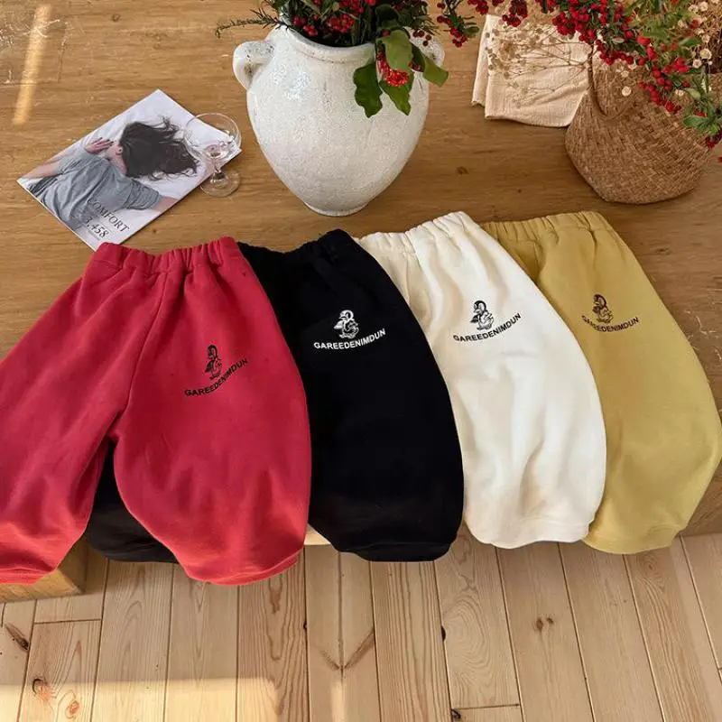 

2025 Winter New Children Fleece Trousers Cartoon Print Kids Harem Pants Boys Casual Pants Plus Velvet Thick Girls Warm Pants