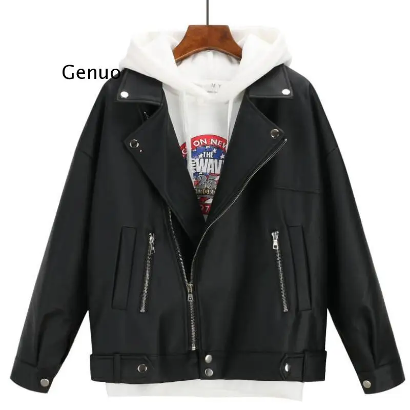 

2021 New Arrival Women Autumn Winter Leather Jacket Oversized Boyfriend Korean Style Female Faux Coat Outwear Black Bike Jacket