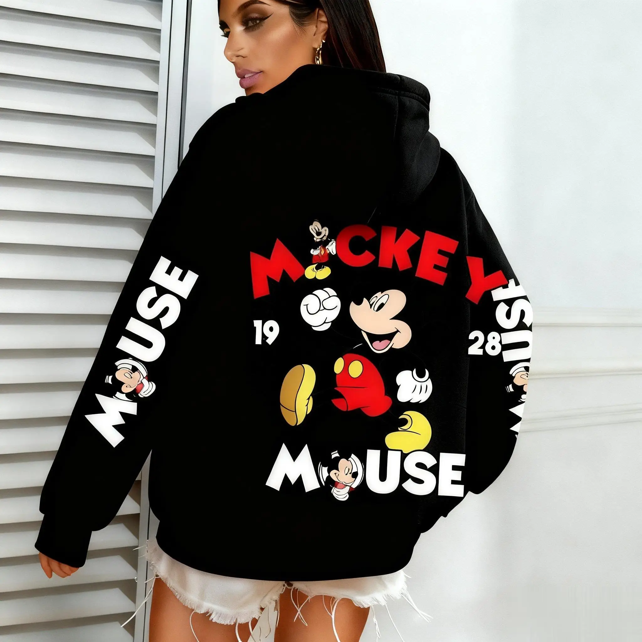ميكي ماوس ديزني طباعة هوديي النساء الرجال ربيع الخريف موضة جديدة المتضخم بلوزة كاجوال البلوز الشارع الشهير ​ ​   للجنسين