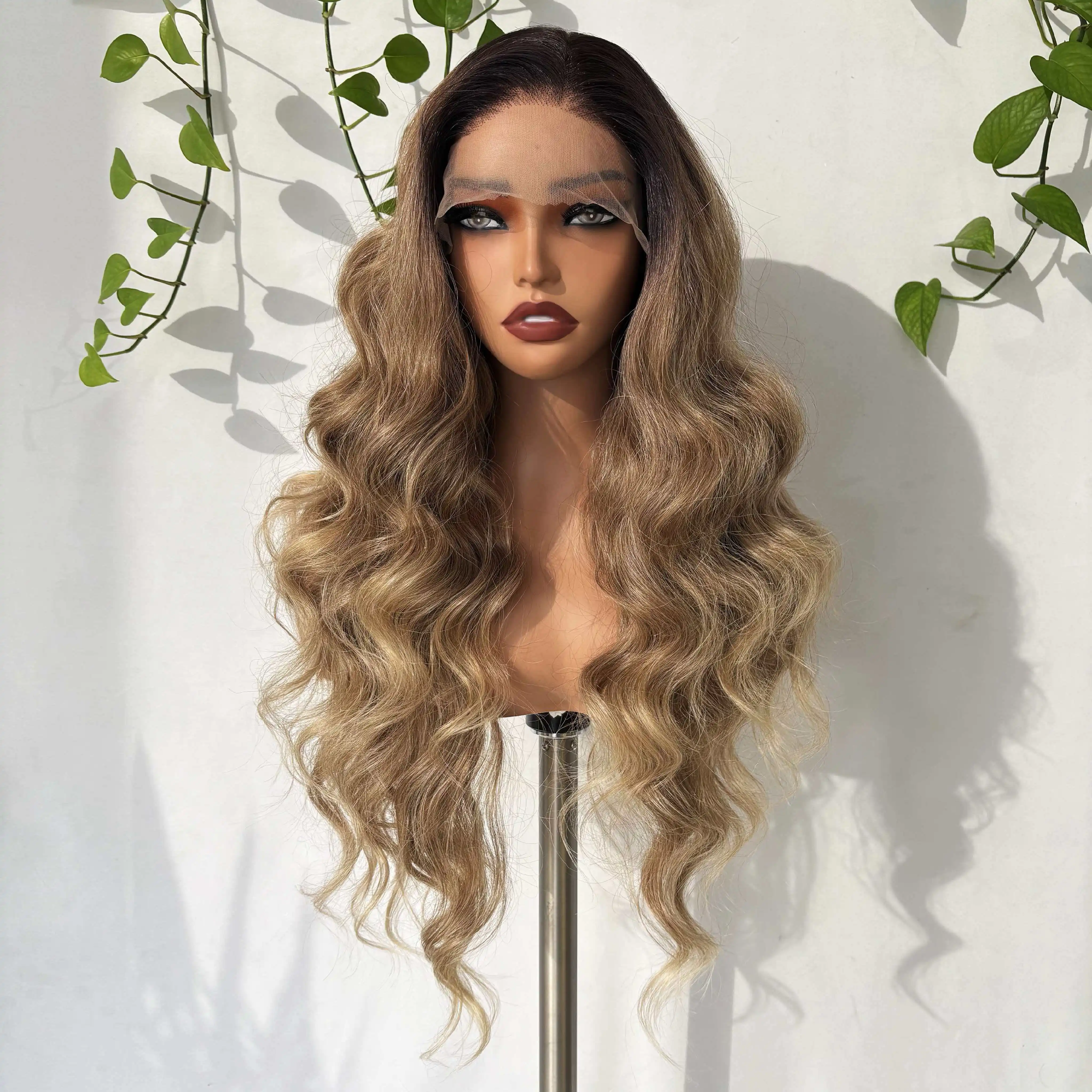 

X-TRESS 28 "Омбре Коричневый Блондин Синтетические Парики Длинные Волнистые Волосы для Женщин Бесплатная Часть 6X13 Парик Фронта Шнурка Предварительно Сорванные Модные Повседневные