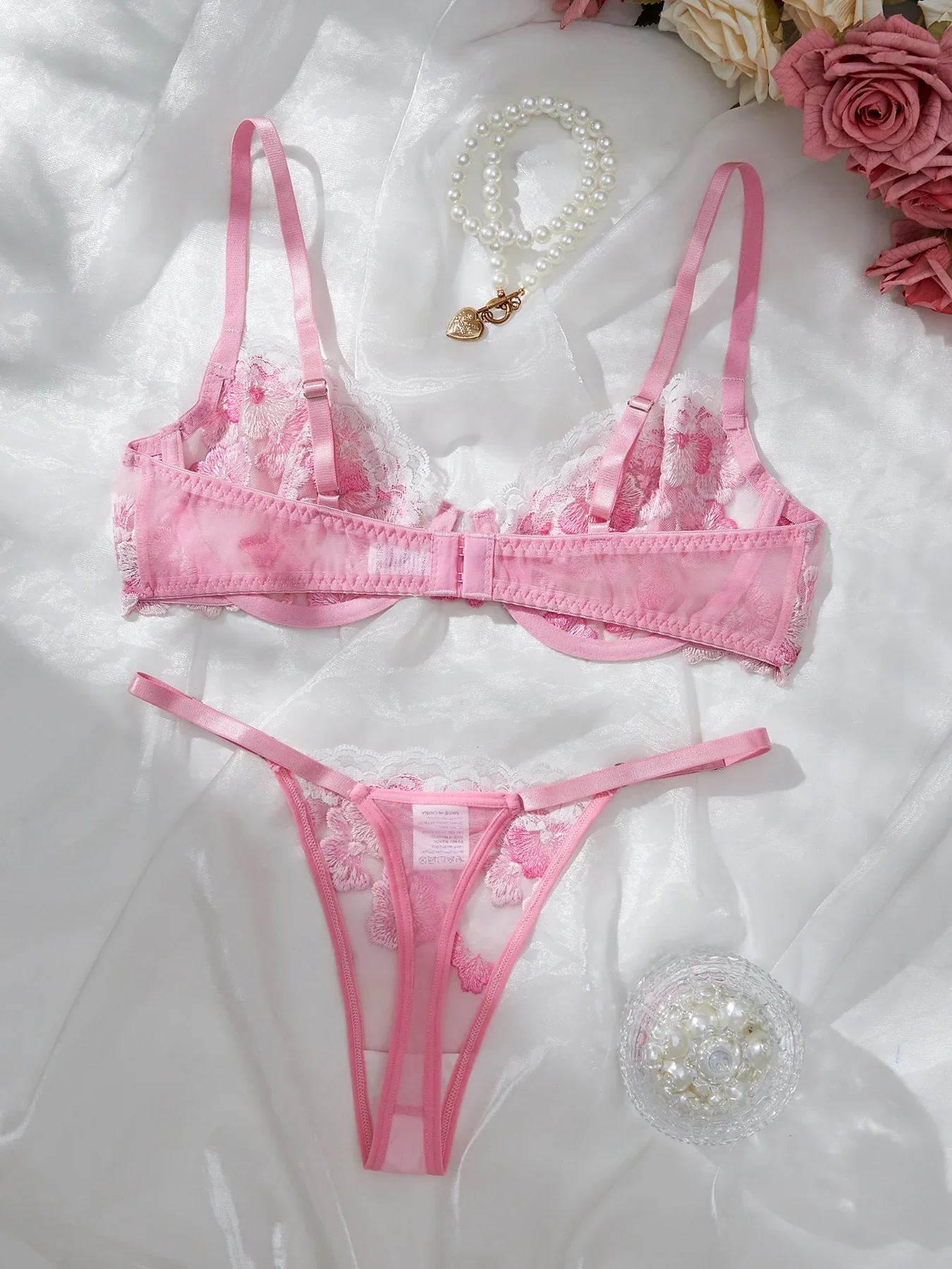 밤에 입는 아름다운 섹시한 여성용 2피스 꽃 자수 속옷 섹시한 에로틱 란제리 세트