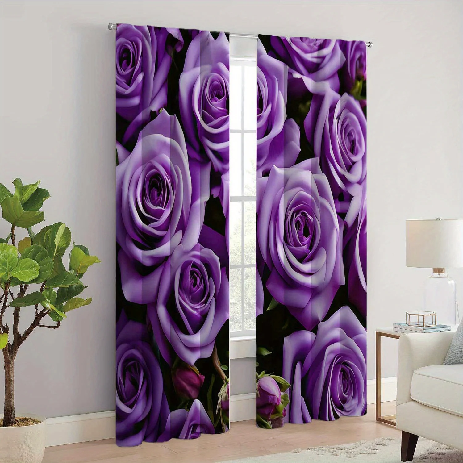 2pcs Romatic Curtains Beautiful Purple Flower Print Curtains Easy-to-Hang For Living Room Bedroom Decor Room Decor Home Decor