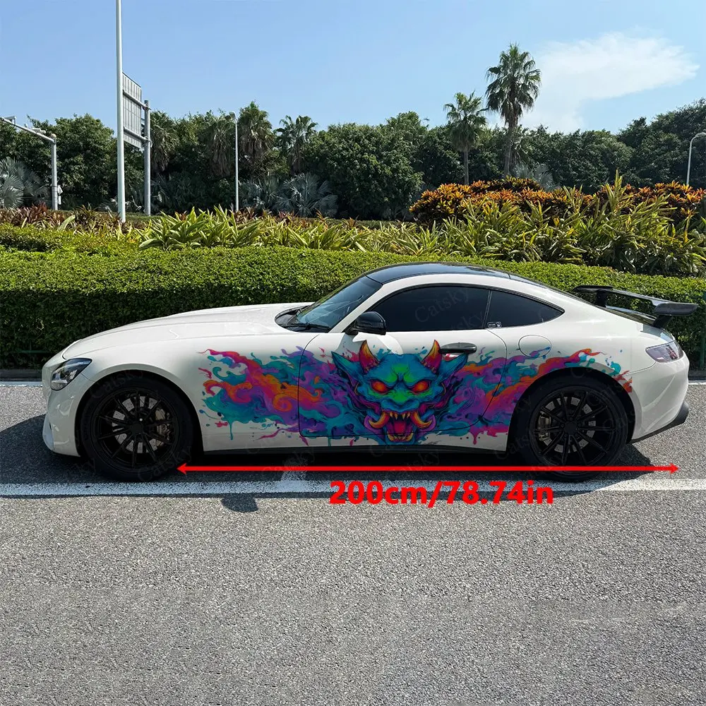 2Pcs Cyber Iridescent Fierce Face Car Side Wraps, Self-Adhesive PVC Waterproof & Scratch-Resistant Stickers, Car Accessory Gift