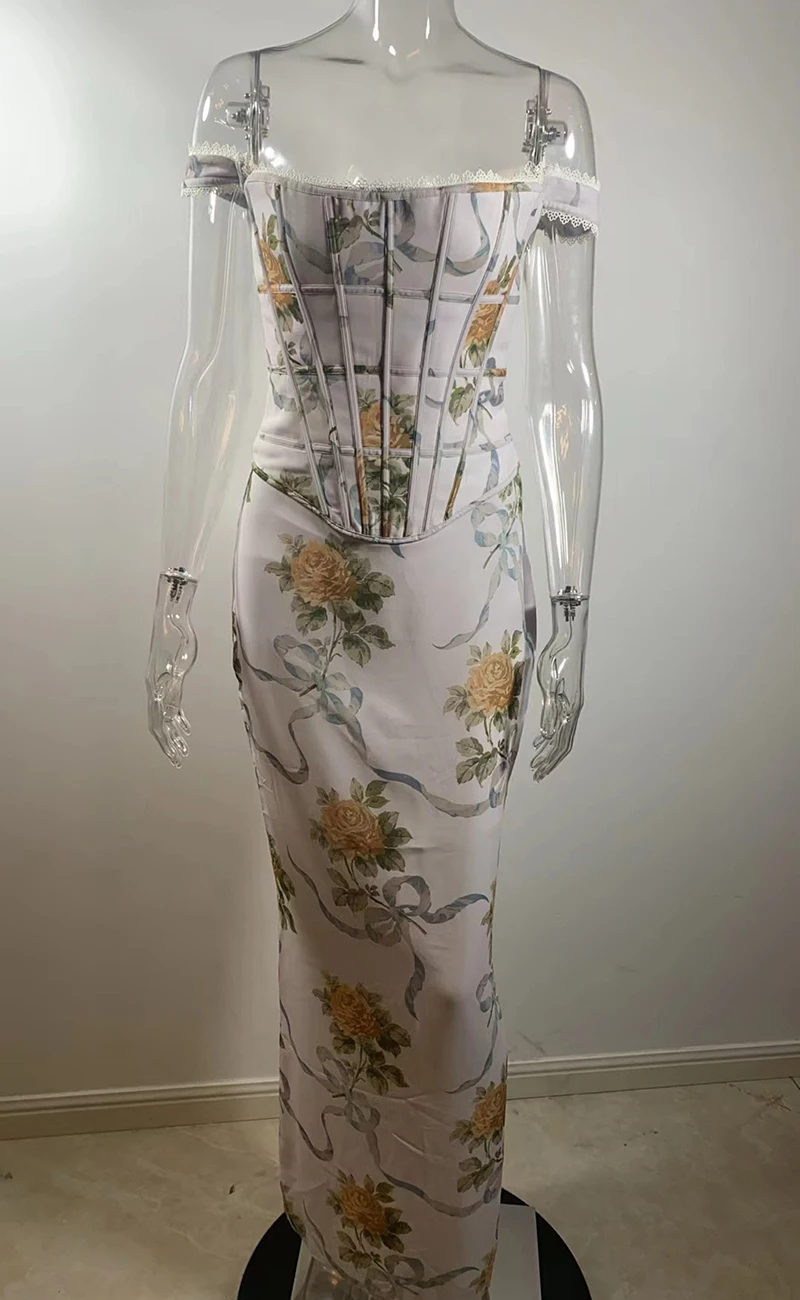 French Wide Strap Sexy Maxi Corset Tops Dress For Women Gown Elegant Off-shoulder Sleeveless Backless Evening Club Party Dress