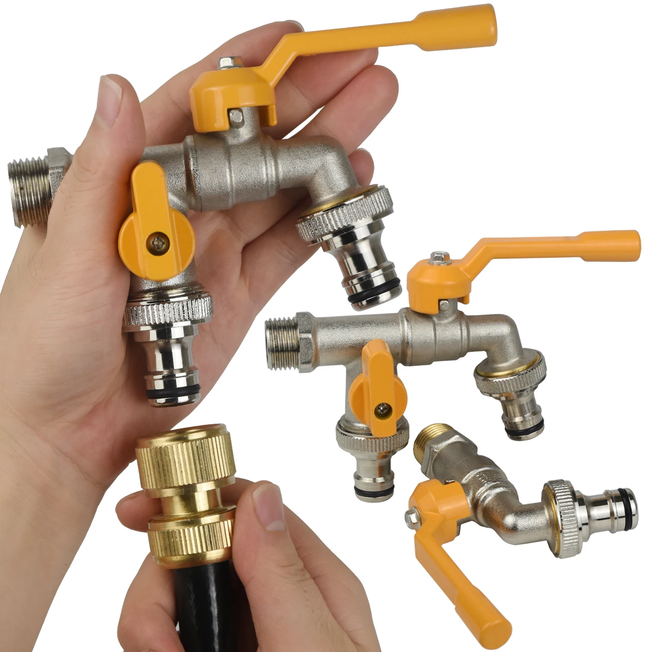 Garten-Messing-Wasserhahn 1/2'' 3/4'' Wasserverteiler 1-Wege 2-Wege Anschluss Kupplungsadapter Ventilschalter Bewässerungshahn Ersatz