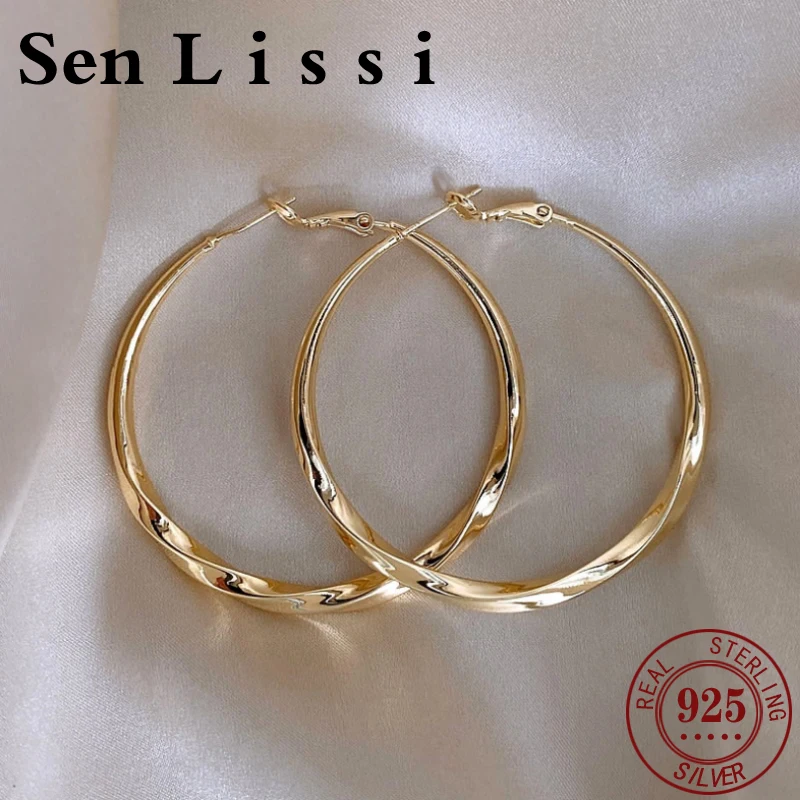 Senlissi-High Polished Twist Round Hoop Earrings S925 Silver 18K Gold Plated Oversized Classic Ladies Fashion Ear Accessory