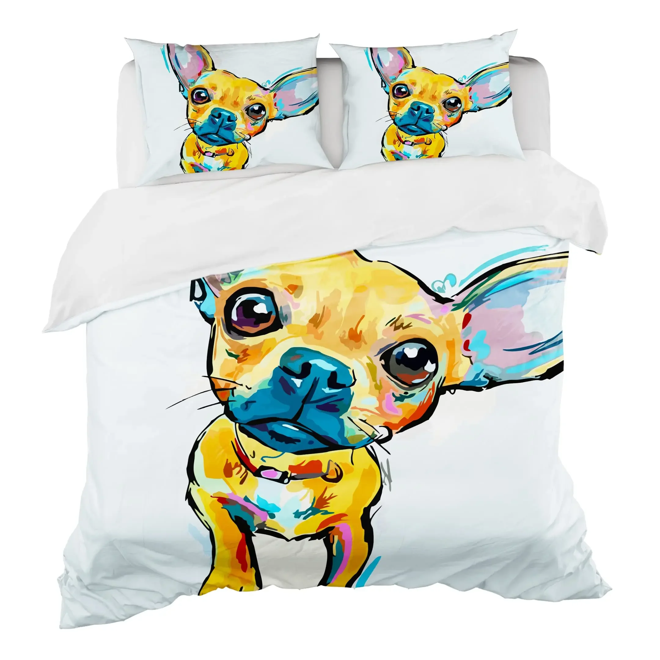 Cute Chihuahua Dog Duvet Cover Set,Girl Chihuahua Fashion Glasses Ribbons Puppy,Bedding Sets Twin Single King Size,Pale Pink