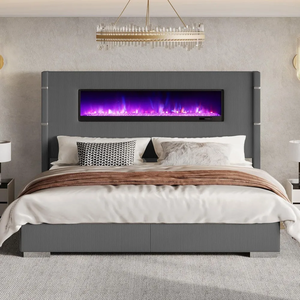 Cama moderna King-Sized Wingback con chimenea y cabecero alto 60,4, estructura de cama con plataforma tapizada de pana