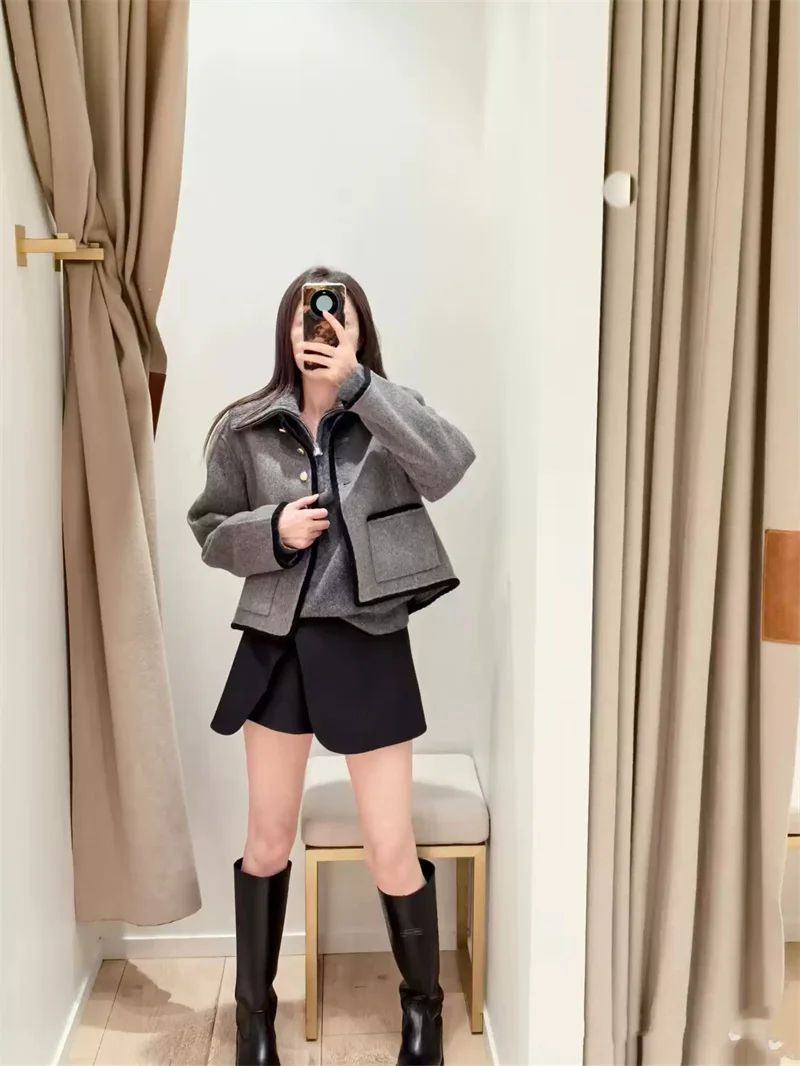 Fashion Women Gold Buckle Gray Woolen Short Jacket Lady Contrast Color Wavy Edge Round Neck Coat Autumn Winter