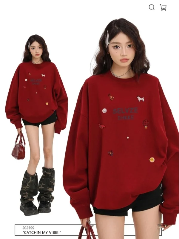 

Красная свободная толстовка с длинными рукавами для женщин, новинка ранней осени 2025 года, в американском стиле, с круглым вырезом, пуловер, топ Multi Dopane